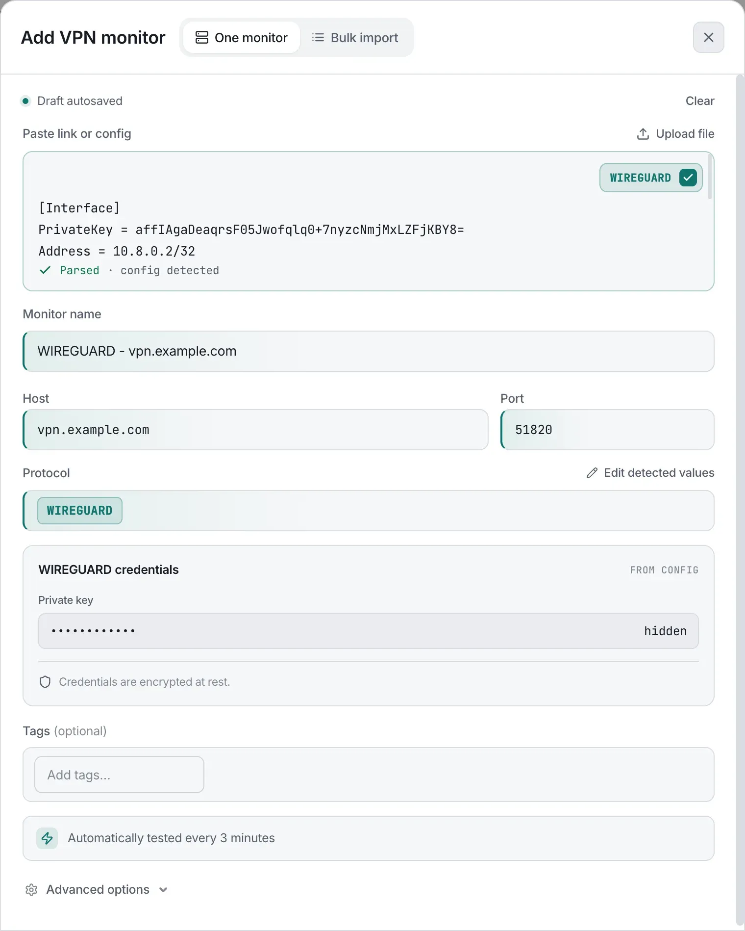 The Add VPN monitor dialog after pasting a WireGuard config: TunnelHQ detected the protocol and filled in the name, host, port and a hidden private key.