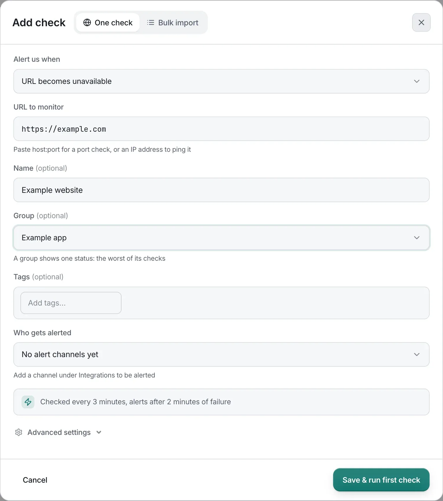 The Add check dialog set to alert when https://example.com becomes unavailable, with a name and a group filled in.