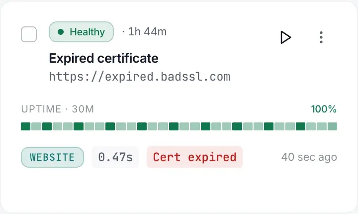 A website check on expired.badssl.com that reads Healthy, with the chip Cert expired.
