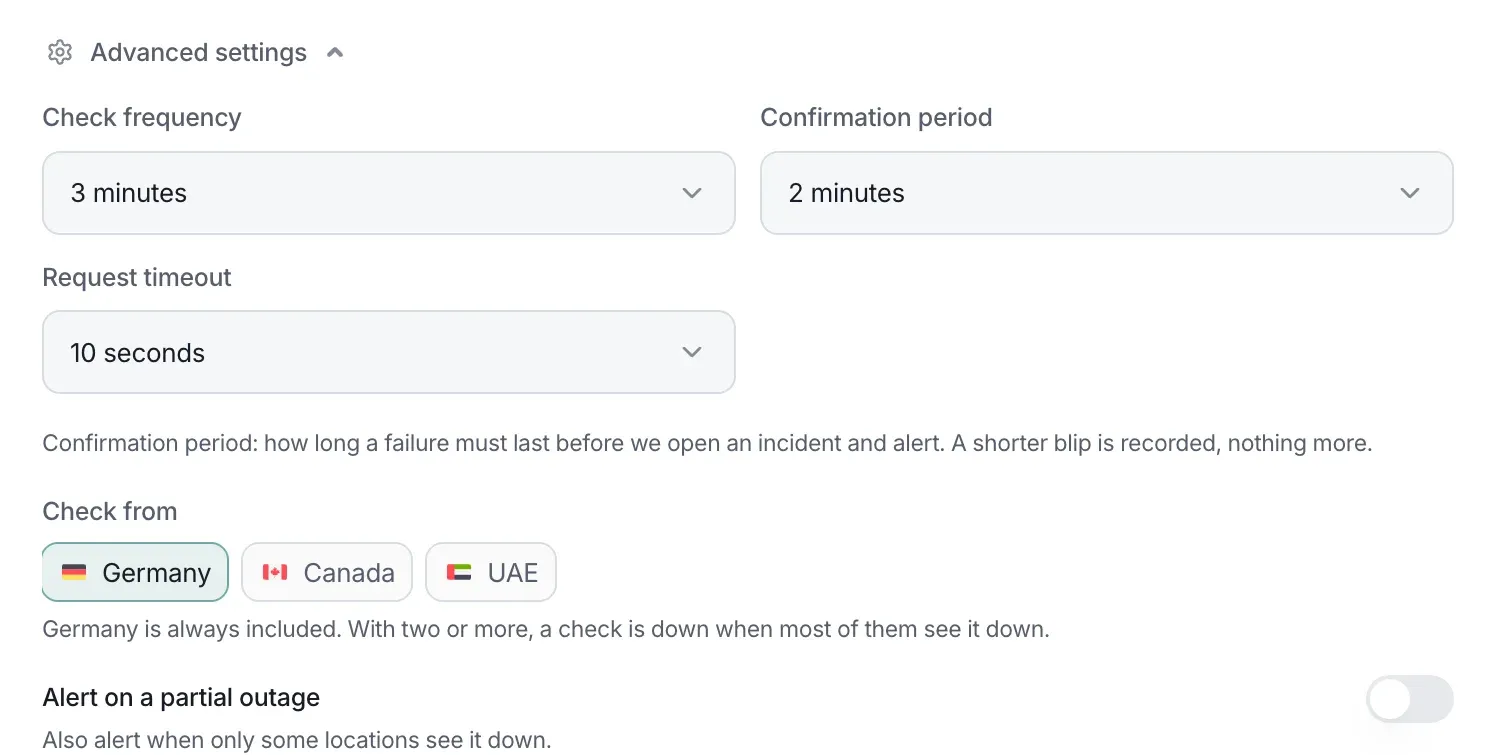 Advanced settings of a DNS check, with Check from showing Germany selected and Canada and UAE available.