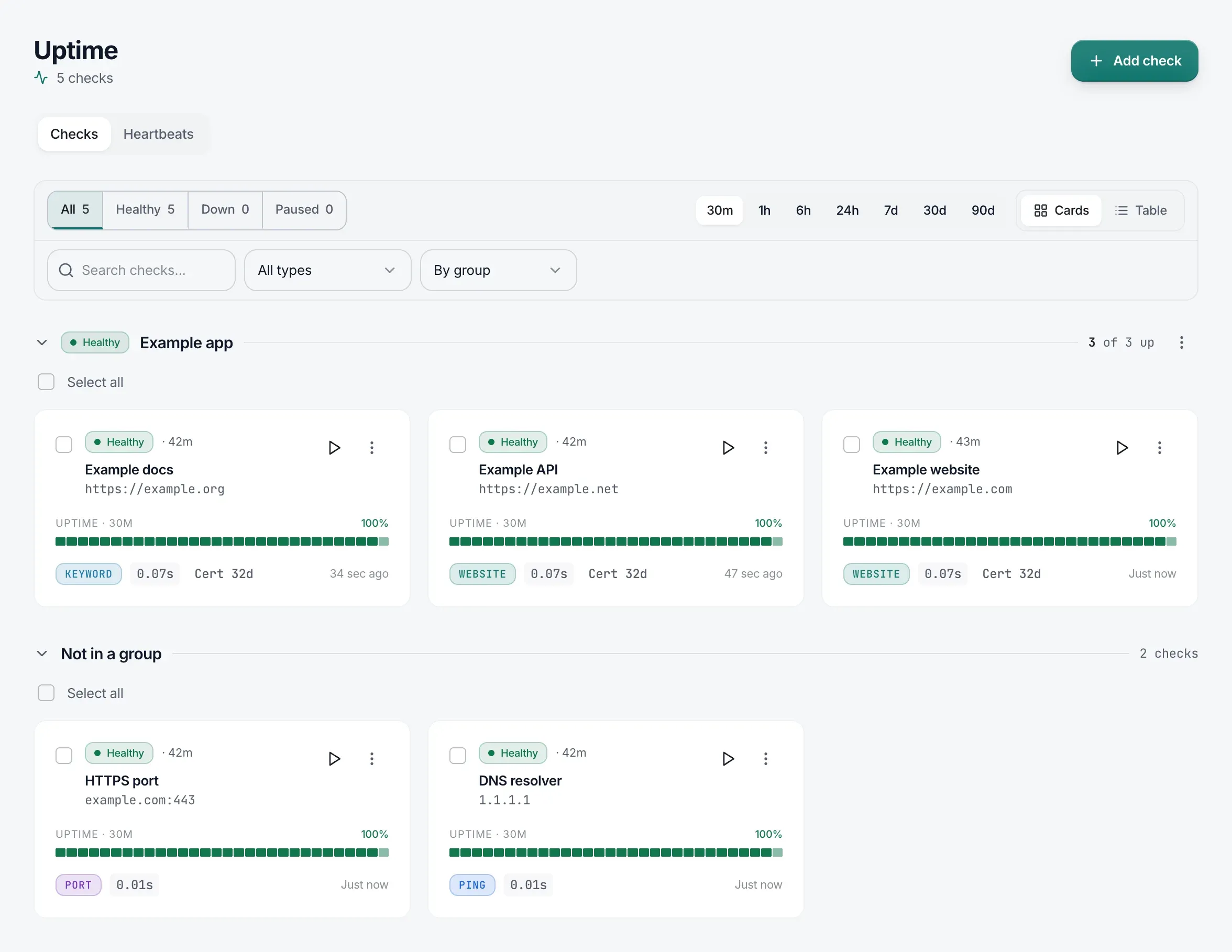 The Uptime page’s Checks tab grouped by group: the Example app group with three healthy website checks, and a port check and a ping check that are not in a group.