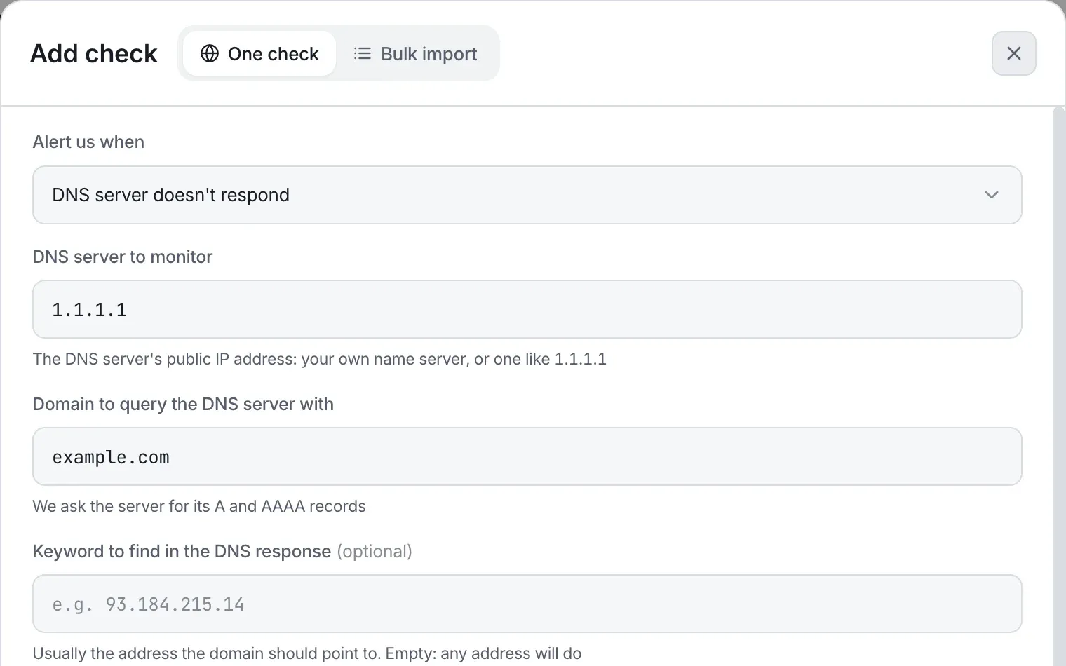 The Add check dialog set to DNS server doesn’t respond, asking 1.1.1.1 for example.com.