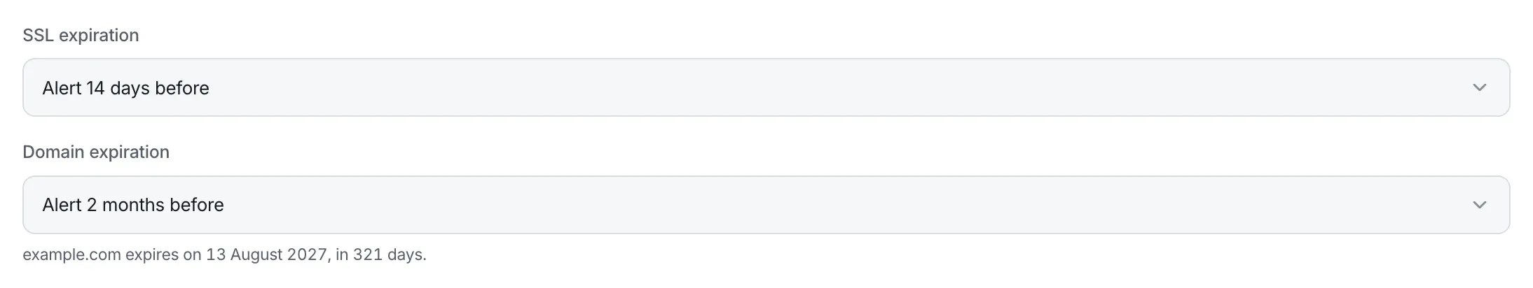 SSL expiration set to Alert 14 days before and Domain expiration to Alert 2 months before, with the line example.com expires on 13 August 2027, in 321 days.
