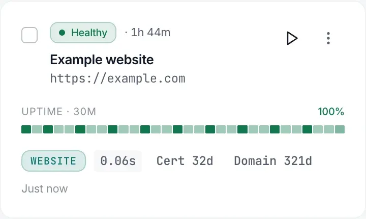 A website check’s card with the chips Cert 32d and Domain 321d.