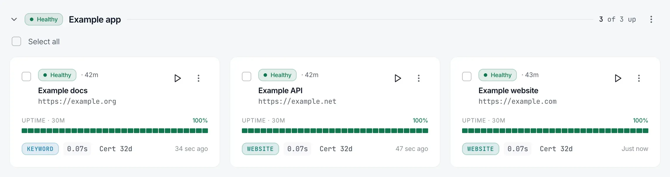 The Example app group: its header reads Healthy and 3 of 3 up, above its three checks.