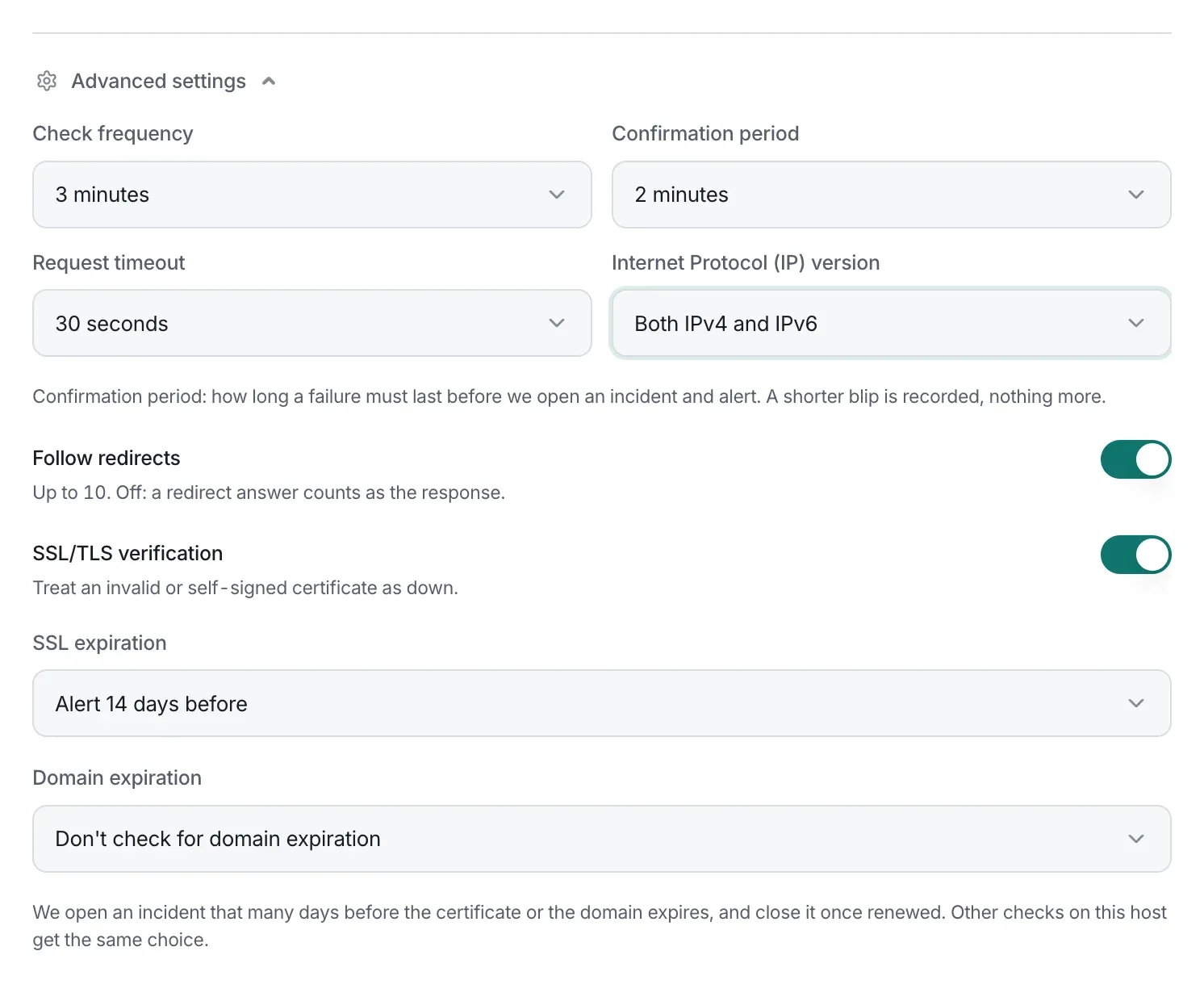 Advanced settings of a website check, with the IP version set to Both IPv4 and IPv6 and SSL expiration to Alert 14 days before.