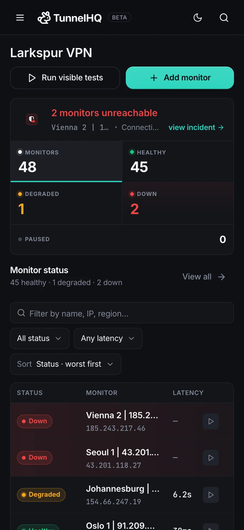 The TunnelHQ dashboard on a phone: two monitors unreachable, monitor counts, and the monitor status table