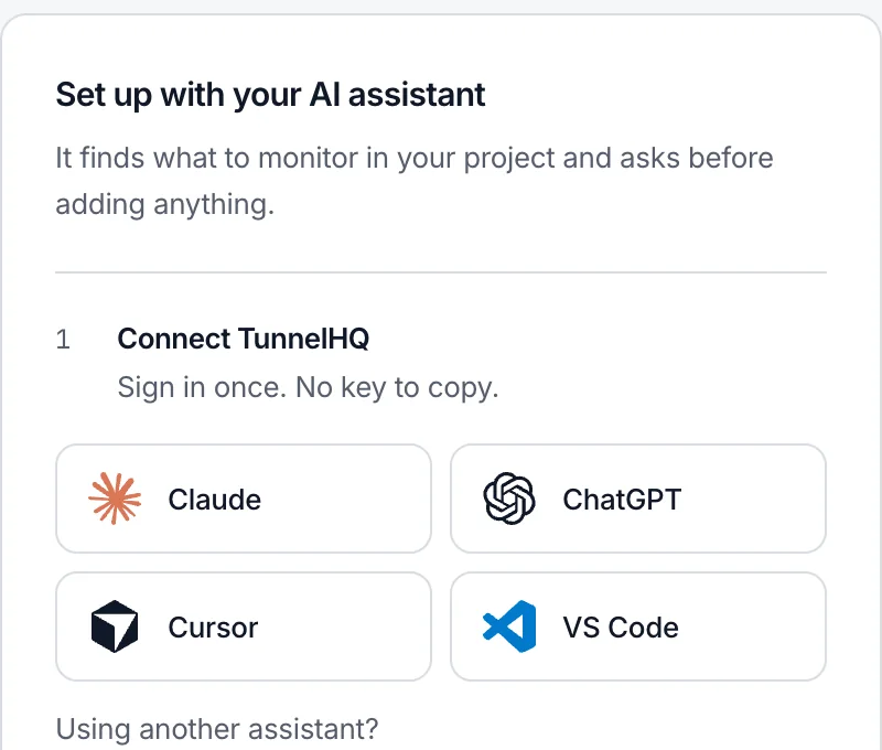The Set up with your AI assistant card on an empty Uptime page: connect TunnelHQ from Claude, ChatGPT, Cursor or VS Code, then paste the prompt, which adds checks to Sam Rivera's Workspace, Larkspur Web.