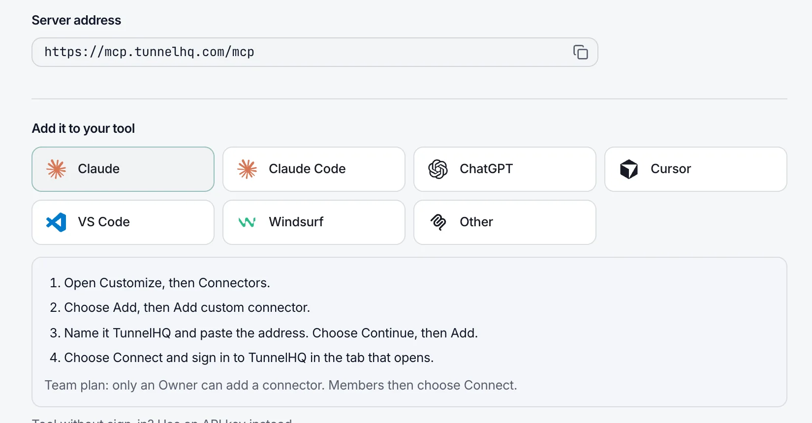 The AI assistants page: the server address https://mcp.tunnelhq.com/mcp with a copy button, and the four steps to add it in Claude.