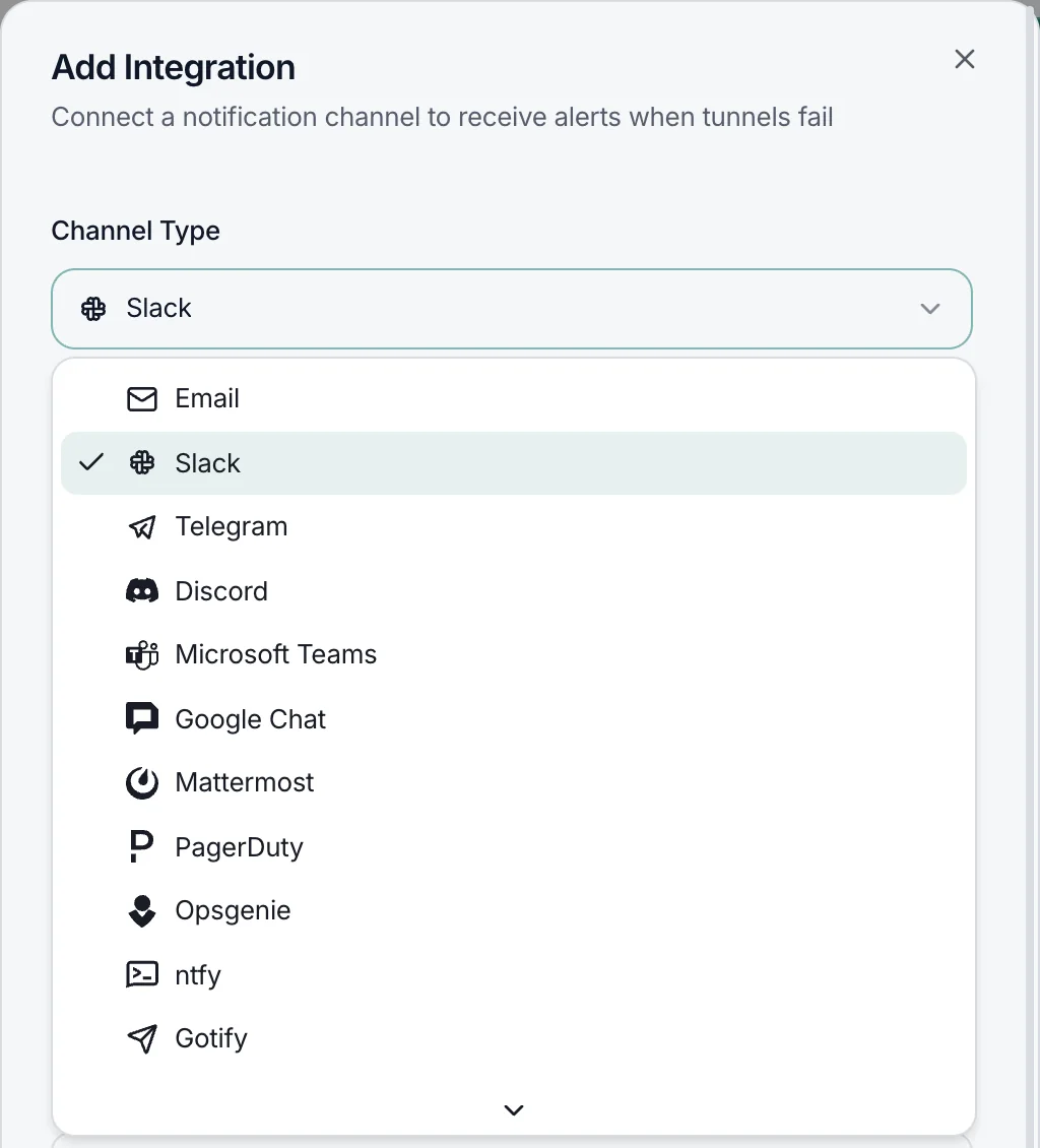 The Add Integration dialog with Slack chosen from the channel list: Email, Slack, Telegram, Discord, Microsoft Teams, Google Chat, Mattermost, PagerDuty, Opsgenie, ntfy, Gotify.