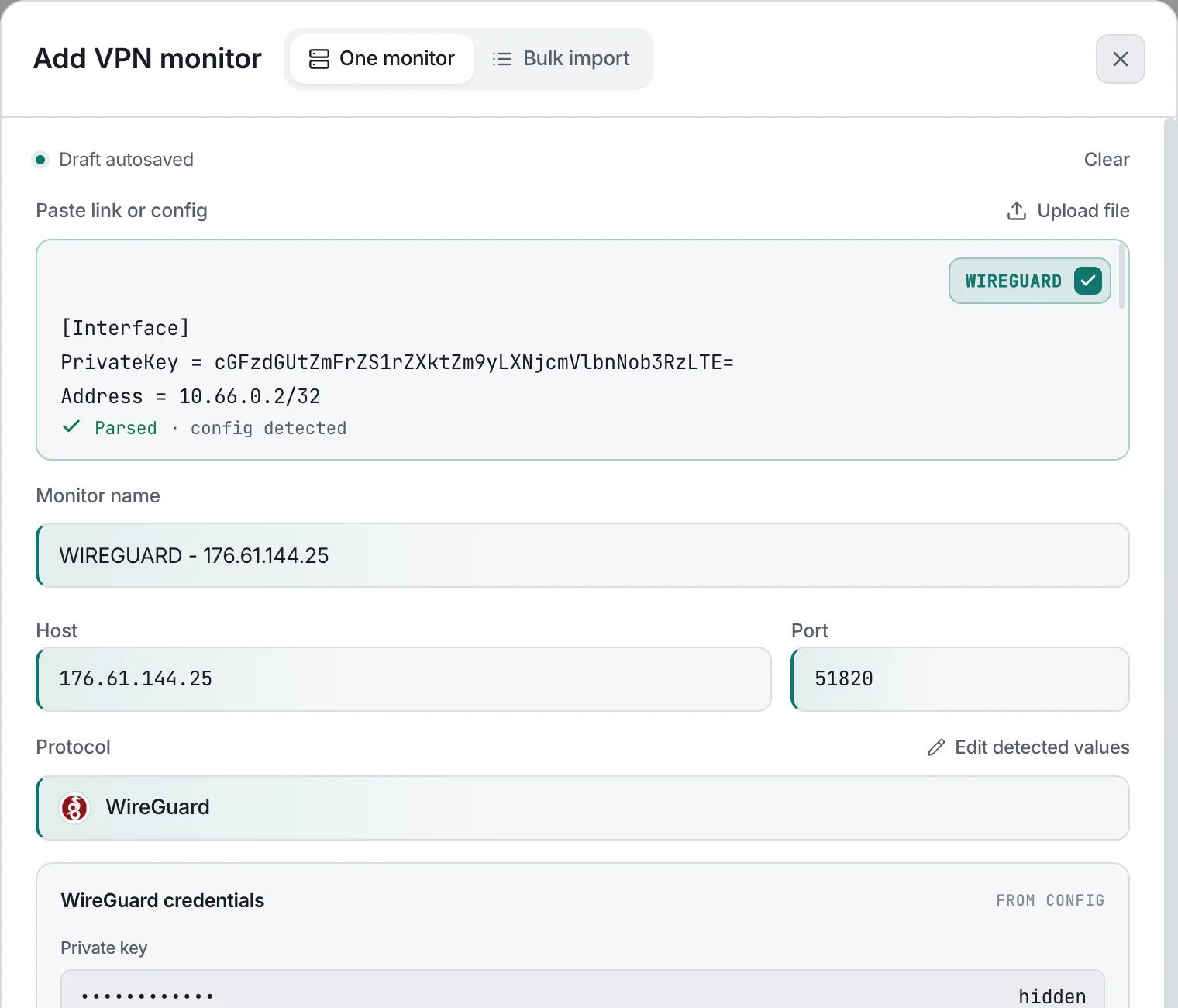 The Add VPN monitor dialog after pasting a WireGuard config: WireGuard detected, with the name, host, port 51820 and private key filled in.